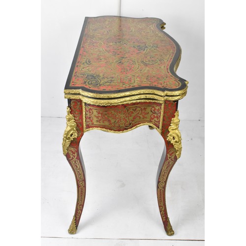 202 - A mid 19th century French Louis XV style ebonised and red tortoiseshell boulle card table, of serpen... 