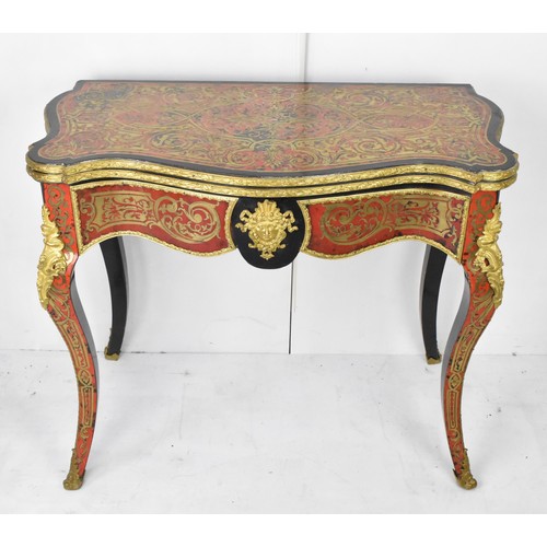 202 - A mid 19th century French Louis XV style ebonised and red tortoiseshell boulle card table, of serpen... 