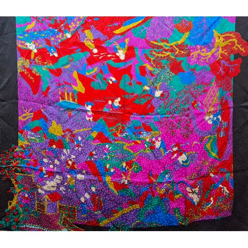 16 - Balenciaga-A silk scarf having a deep black border surrounding a Japanese garden scene in tones of p... 
