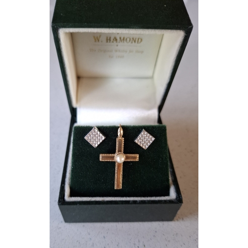 19 - A pair of white metal square form earrings with white inset stones and 9ct white gold earring backs ... 