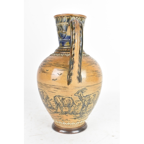 116 - Hannah Barlow for Doulton Lambeth, a footed baluster ewer sgraffito decorated with donkeys and goats... 