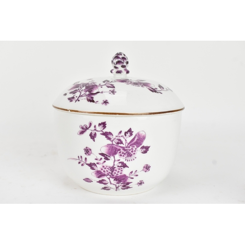 183 - An 18th century Meissen porcelain tea bowl and covered sugar bowl, decorated in puce with kakiemon f... 