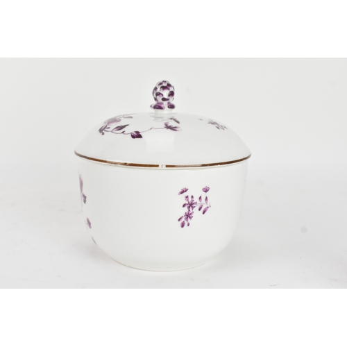 183 - An 18th century Meissen porcelain tea bowl and covered sugar bowl, decorated in puce with kakiemon f... 