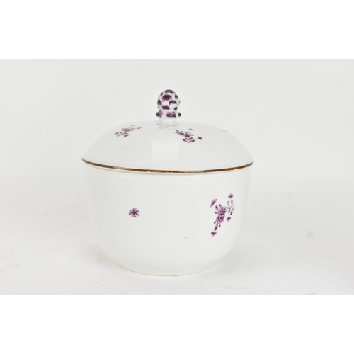 183 - An 18th century Meissen porcelain tea bowl and covered sugar bowl, decorated in puce with kakiemon f... 