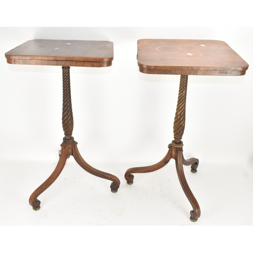 189 - A pair of Regency rosewood lamp tables, the rectangular tops with rounded corners, raised on spiral-... 