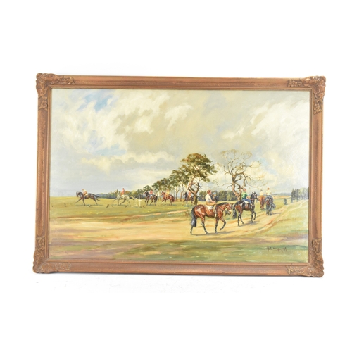 190 - John Gregory King (1929-2014) An oil on canvas equestrian scene entitled 'Newmarket', signed and dat... 