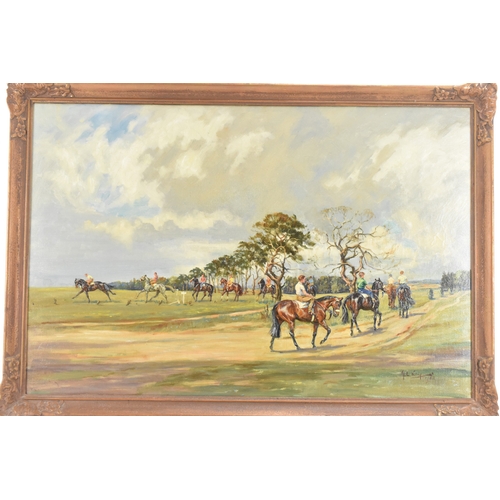 190 - John Gregory King (1929-2014) An oil on canvas equestrian scene entitled 'Newmarket', signed and dat... 
