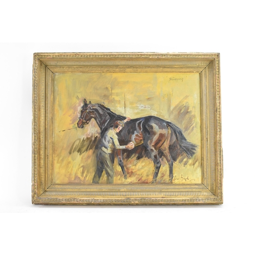 191 - Peter Biegel (1913-1987) An oil on board depicting gent and horse, entitled 'Strapping' to the top r... 