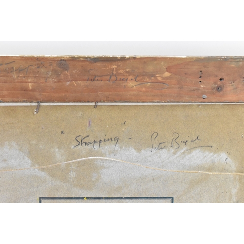 191 - Peter Biegel (1913-1987) An oil on board depicting gent and horse, entitled 'Strapping' to the top r... 