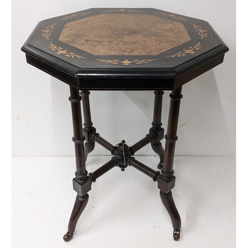 194 - A Victorian Aesthetic Movement ebonised and burr walnut occasional table, the octagonal burr walnut ... 