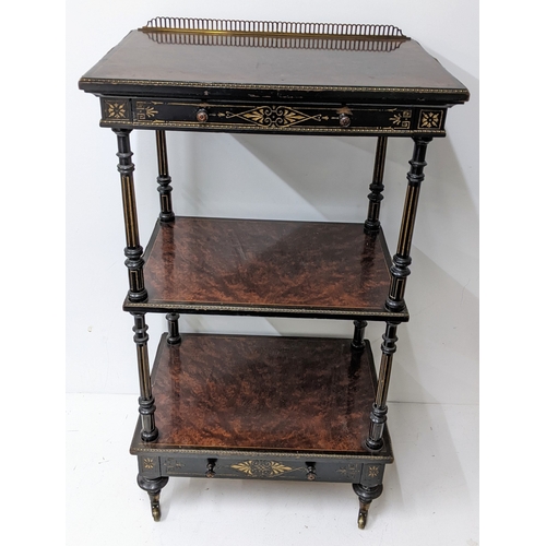 196 - A Gillows Victorian Aesthetic Movement ebonised and amboyna whatnot, the rectangular three-tier top ... 