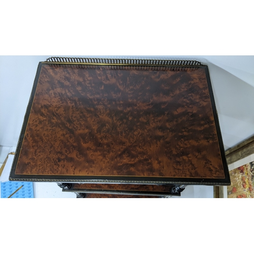 196 - A Gillows Victorian Aesthetic Movement ebonised and amboyna whatnot, the rectangular three-tier top ... 