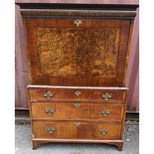 201 - An 18th century and later walnut crossbanded escritoire, having a moulded cornice and fall flap abov... 