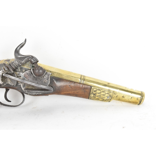215 - A late 18th/early 19th century Balkan or Ottoman flintlock pistol, with a brass barrel engraved with... 