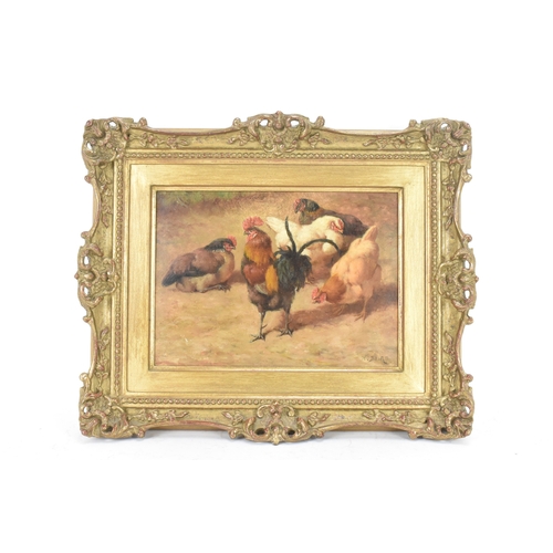 220 - William Baptiste Baird (American 1847-1917) An oil on board depicting chickens, signed to the lower ... 