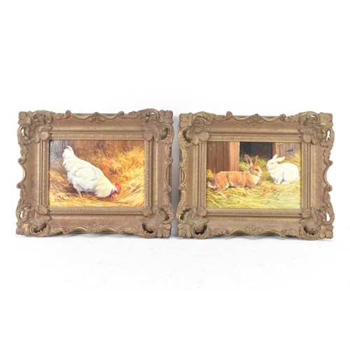 221 - Donna Crawshaw (B.1960) Two oil on boards, one depicting a chicken and the other two rabbits, both s... 