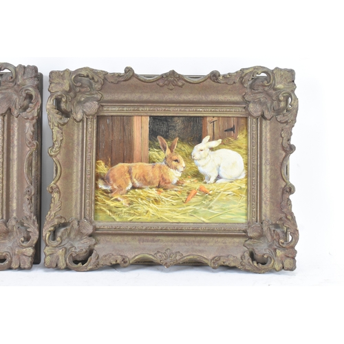 221 - Donna Crawshaw (B.1960) Two oil on boards, one depicting a chicken and the other two rabbits, both s... 