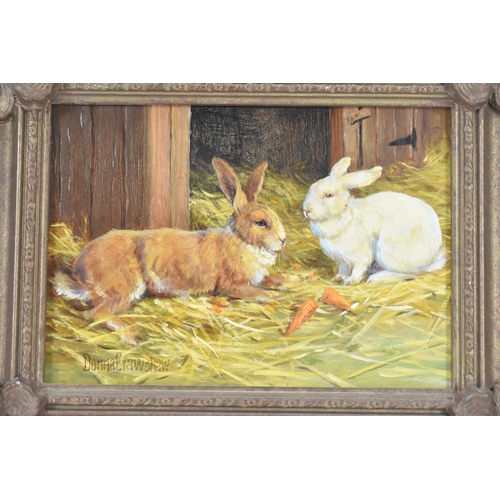 221 - Donna Crawshaw (B.1960) Two oil on boards, one depicting a chicken and the other two rabbits, both s... 