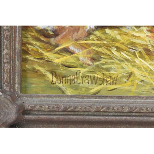 221 - Donna Crawshaw (B.1960) Two oil on boards, one depicting a chicken and the other two rabbits, both s... 