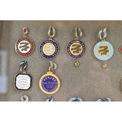 222 - A collection of fifty-six Henley Regatta enamelled badges, dating from 1924-33, 1935-37, 1946-88, ho... 