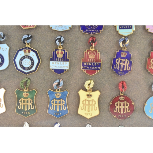 222 - A collection of fifty-six Henley Regatta enamelled badges, dating from 1924-33, 1935-37, 1946-88, ho... 