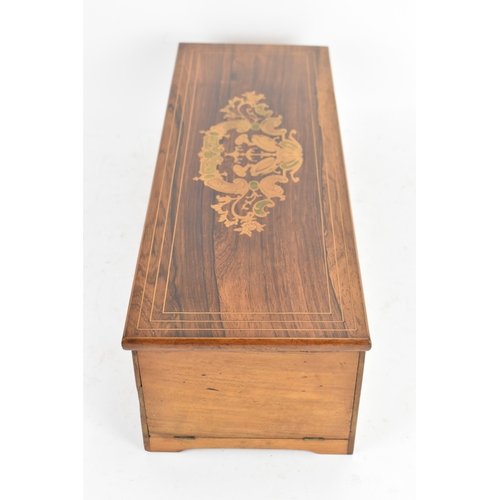 223 - A Victorian rosewood and walnut cased cylinder music box, the hinged rosewood veneered lid with foli... 