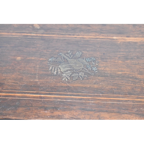 224 - A Victorian ebonized cylinder music box, the rectangular case with line inlay and central motif, enc... 