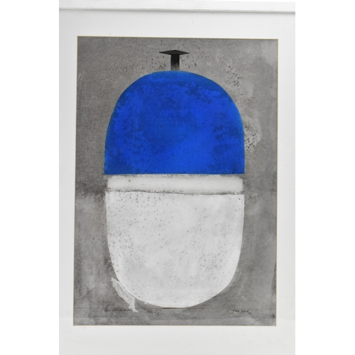 66 - Robin Welch (1936-2019) - Blue & White Bottle - a large acrylic painting depicting a studio pottery ... 