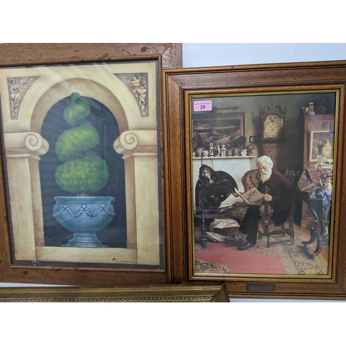 29 - A mixed quantity of framed and glazed prints, together with an unsigned coastal watercolour to inclu... 
