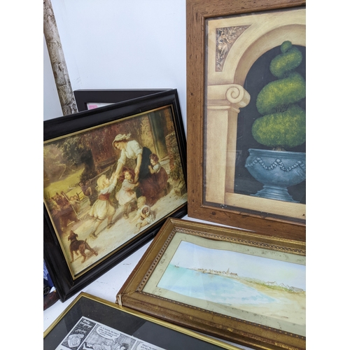 29 - A mixed quantity of framed and glazed prints, together with an unsigned coastal watercolour to inclu... 