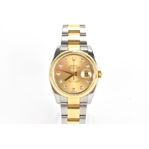 A Rolex Oyster Perpetual Datejust, chronometer, automatic, gents, stainless steel and gold wristwatch, circa 2006-07, reference no. Z576***, the gold-tone dial set with diamond hour markers and date aperture at 3, Rolex Oyster bracelet in steel and gold, with box, papers and receipt, purchased in 2010, 36.5mm
Watch is in ticking order.
If there is no condition report shown, please request.