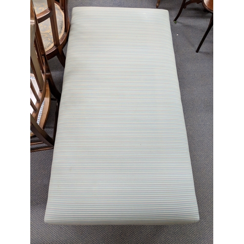 44 - A late 19th/early 20th century mahogany stool upholstered in a baby blue fabric with white and pink ... 