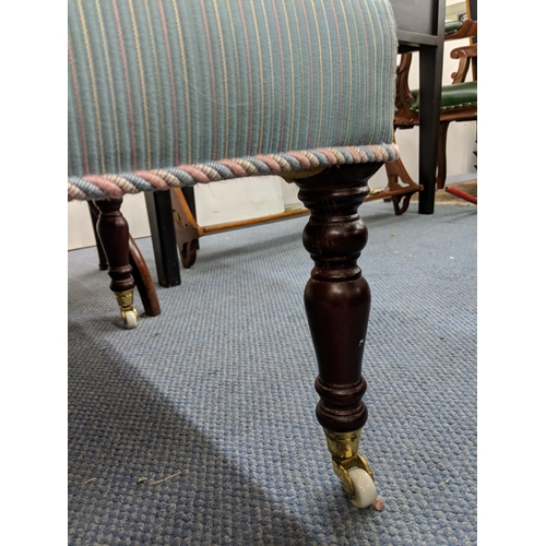 44 - A late 19th/early 20th century mahogany stool upholstered in a baby blue fabric with white and pink ... 