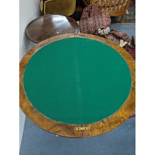 57 - A mid/late burr walnut card table with inlaid marquetry, the foldover top revealing a green base int... 