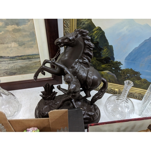 28 - A mixed lot to include a Marley Horse, silver plate, two pictures, glassware and other items
Locatio... 
