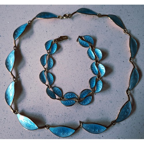 A mid 20th Century Norwegian David Anderson silver gilt and blue enamel necklace and bracelet, leaves design, stamped 925 Denmark with the initials D.A. Location:Cab