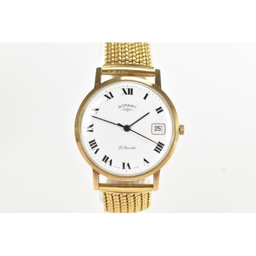A Rotary, gents, 9ct gold wristwatch, dated 1969, the white dial with black Roman numerals, date aperture at 3, and 21-jewel manual wind movement, fitted to a later expanding strap, caseback engraved ‘J.H.H. 24.9.69’, 34mm
Watch is in ticking order.
If there is no condition report shown, please request.