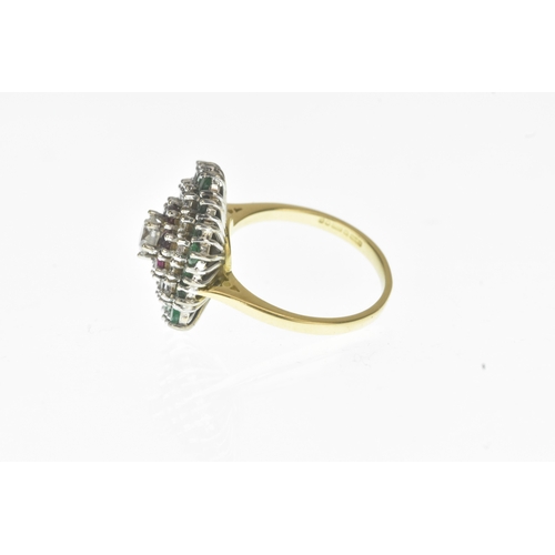 1 - A diamond, ruby and emerald 18ct gold cluster dress ring, set with a central brilliant-cut diamond m... 
