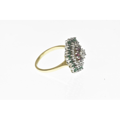 1 - A diamond, ruby and emerald 18ct gold cluster dress ring, set with a central brilliant-cut diamond m... 