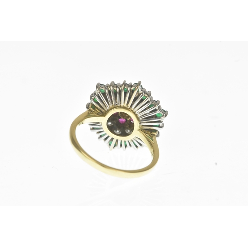 1 - A diamond, ruby and emerald 18ct gold cluster dress ring, set with a central brilliant-cut diamond m... 