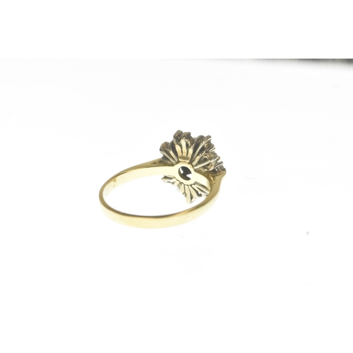 2 - A sapphire and diamond yellow gold cluster dress ring, claw-set with a central brilliant cut diamond... 