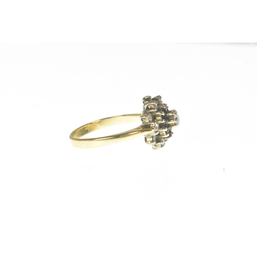 2 - A sapphire and diamond yellow gold cluster dress ring, claw-set with a central brilliant cut diamond... 