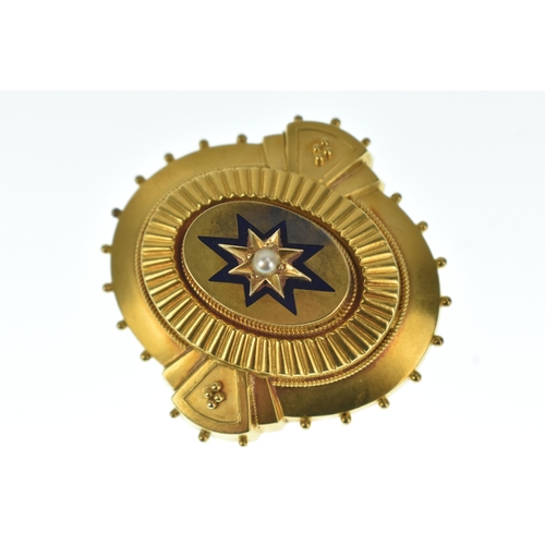 21 - A Victorian yellow gold mourning brooch, set with a central pearl in a star formed setting with blue... 