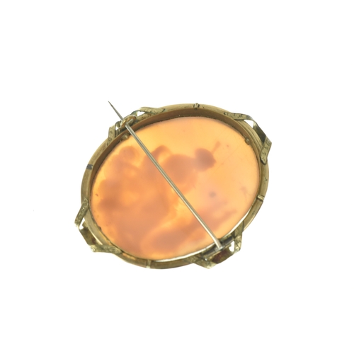 36 - A Victorian carved shell cameo gold plated brooch, depicting Hera (Juno) seated in a chariot drawn b... 