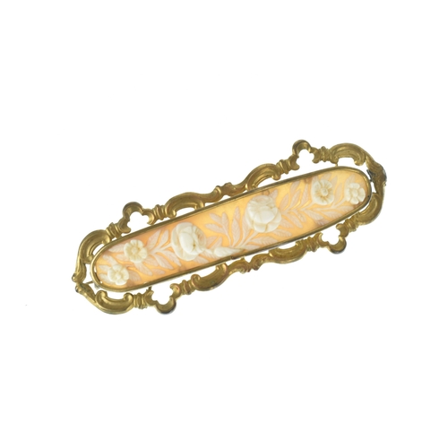 37 - A Victorian carved shell cameo gold plated brooch, the elongated vertical panel carved with a natura... 