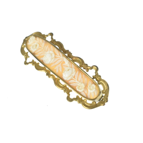 37 - A Victorian carved shell cameo gold plated brooch, the elongated vertical panel carved with a natura... 