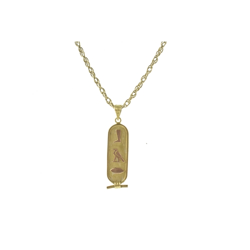 39 - A 9ct yellow gold twisted chain link necklace and a yellow metal Egyptian-style cartouche pendant, t... 
