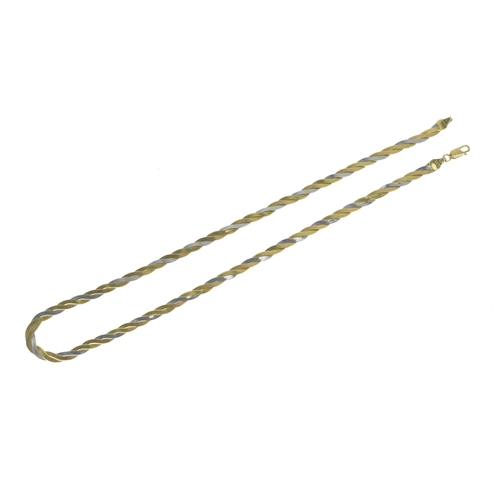 40 - An 18ct tri-coloured gold necklace, of flat woven form design with a lobster claw clasp, stamped 750... 