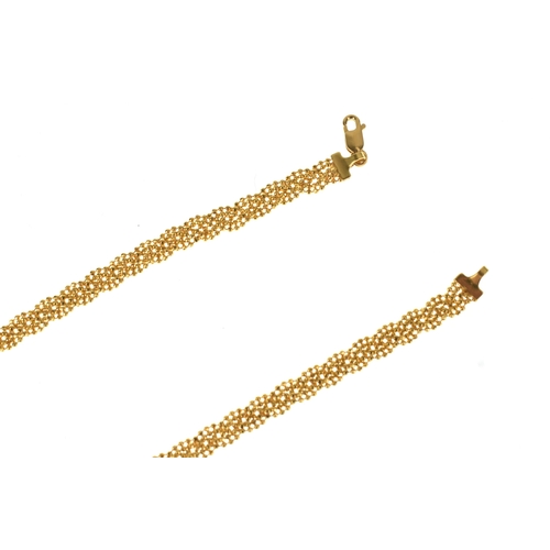 51 - A 22ct gold beaded mesh necklace, having textured spherical links with lobster clasp, stamped 916, 4... 