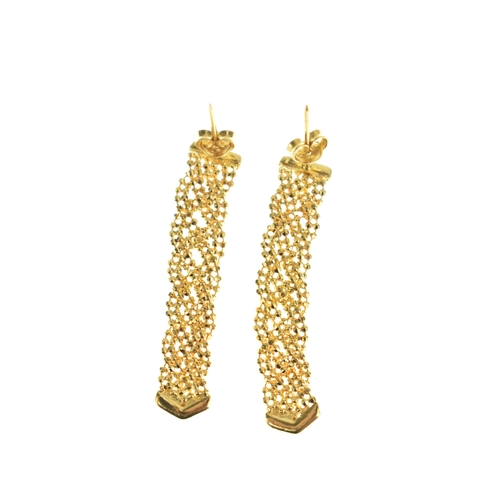 53 - A pair of 22ct gold beaded mesh drop earrings, having textured spherical links with butterfly backs,... 